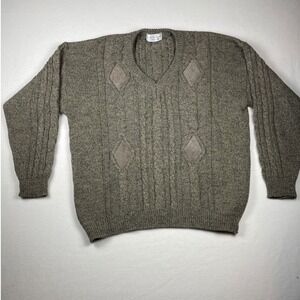 Vtg St Michael Marks Spencer Wool Sweater Large Greige Cable Knit Suede Italy